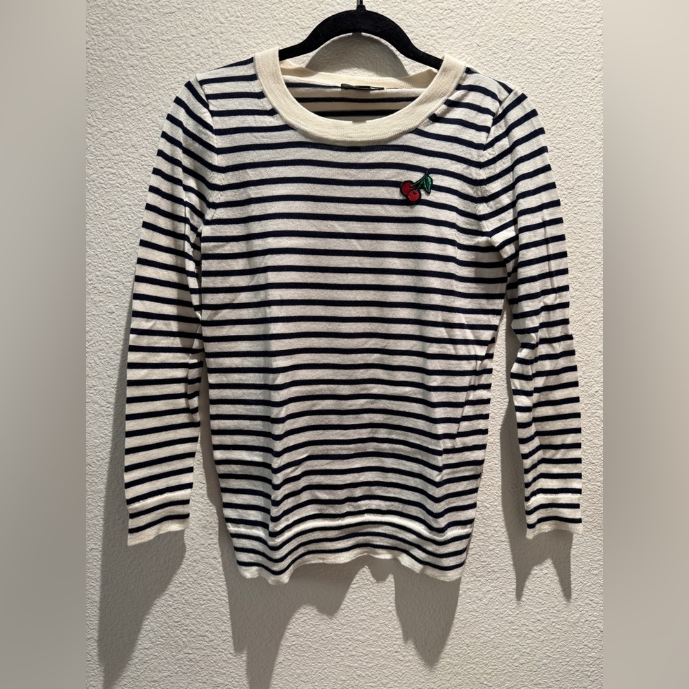 J. Crew Tippi Striped Merino Wool Sweater with cherry embroidered patch S
